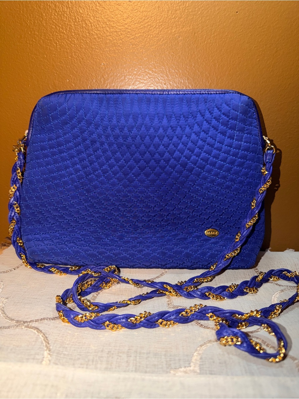 Bally Quilted Royal Blue Crossbody with Gold-Tone Chain